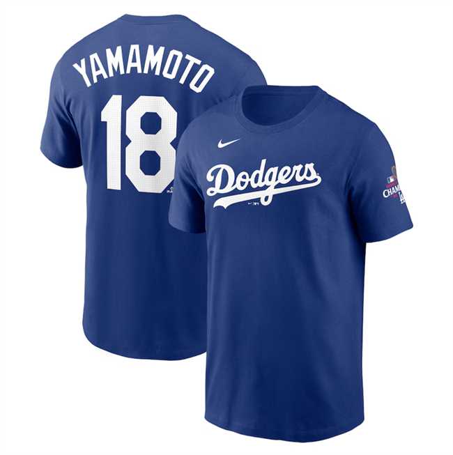 Men's Los Angeles Dodgers #18 Yoshinobu Yamamoto Royal 2024 World Series Champions Name & Number T-Shirt,We sell and wholesale Men's Los Angeles Dodgers #18 Yoshinobu Yamamoto Royal 2024 World Series Champions Name & Number T-Shirt on line form chian!
